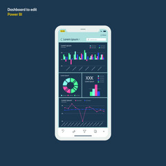 Data visualization dashboard on smartphone. Power bi design. Graphs and charts. Business report. EPS10