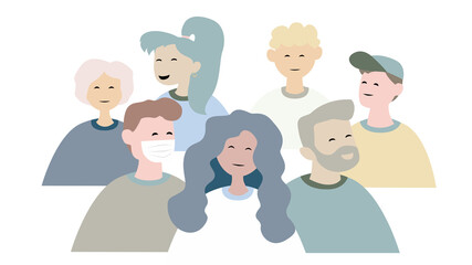 Group of comic people and man wearing medical mask illustration.