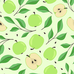 Apple seamless pattern. Green apples, halfs apples and apple leaves on a light green background. Hand-drawn design for wrapping paper, fabric, textile, packaging, stationery.  - 409875072
