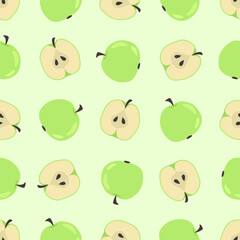Apple seamless pattern. Green apples and halfs apples on a light green background. Hand-drawn design for wrapping paper, fabric, textile, packaging, stationery.  - 409875077