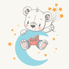 Vector illustration of a cute baby bear on the blue moon with a bunch of stars.