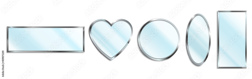 Poster mirrors in chrome frame in shape of circle, oval, heart and rectangle isolated on white background. 