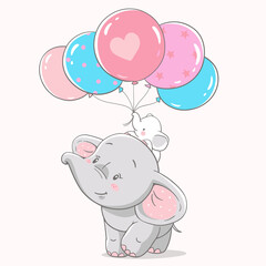Vectorillustratie van moeder en babyolifant met stelletje roze en blauwe ballonnen.