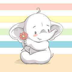 Vectorillustratie van een schattige kleine olifant met bloem, baby shower-kaart in pastelkleuren.