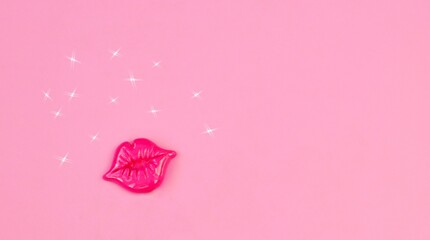 Bright glossy lips on a light pink background close up with space for text