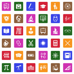 School Icons. White Flat Design In Square. Vector Illustration.