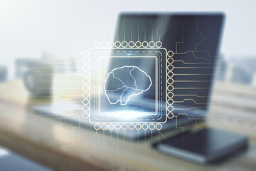 Creative artificial Intelligence concept with human brain hologram and modern desktop with computer on background. Multiexposure
