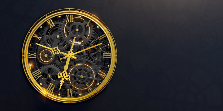 Golden black old clock close up at front view on dark background with cog wheel pattern. Design of my own. 3D illustration.