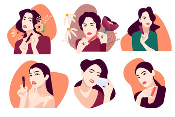 Set of woman illustrations for beauty, cosmetics, makeup, healthcare, fashion. Flat design vectors for graphic and web design, marketing material, product presentation, social media, textile design.