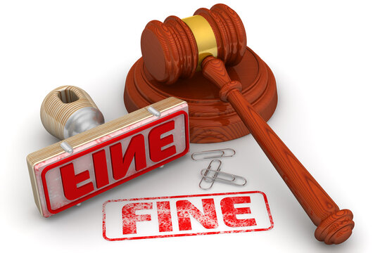 Penalty verdict. The fine. The stamp and an imprint. Wooden stamp and red imprint FINE with judge's hammer on white surface. 3D illustration