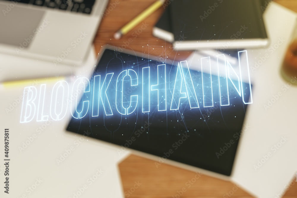 Aufkleber creative abstract blockchain technology hologram and modern digital tablet on desktop on background,