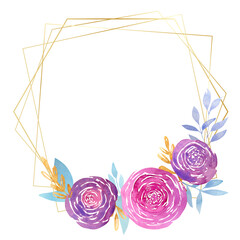 Modern gold frame with watercolor floral arrangement of purple and pink roses with blue and gold foliage is perfect for wedding invitations and cards.

