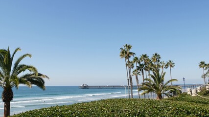 Pacific ocean beach, green palm trees and pier. Sunny day, tropical waterfront resort. Vista...