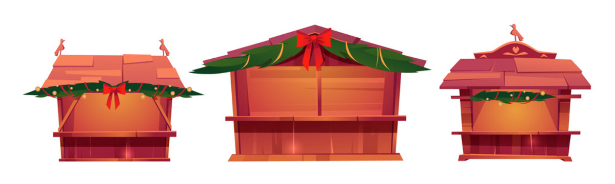 Christmas market stalls, wooden festival kiosks for sale food, gifts, tickets or souvenirs. Vector cartoon set of traditional fair booths with pine branches, red bows and lights garlands