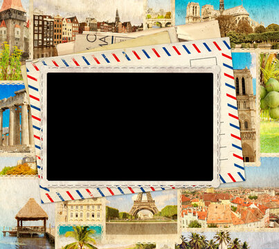 Vintage travel background with retro post cards and blank photo