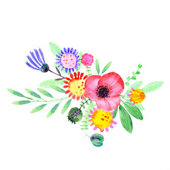 Red poppy flower, poppy bud, blue cornflower and leaves bouquets