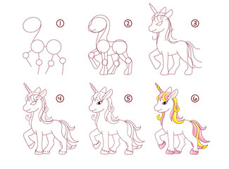 Obraz na płótnie Canvas Step by step drawing of cute cartoon unicorn