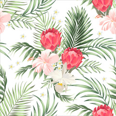 Tropical vector seamless background. Jungle pattern with exotic flowers and palm leaves. Stock vector. 
 Summer vector vintage wallpaper.