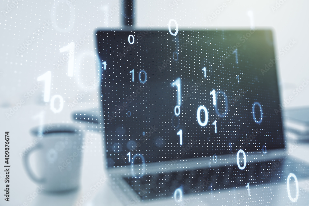 Poster creative abstract binary code sketch on modern laptop background, hacking and matrix concept. multie