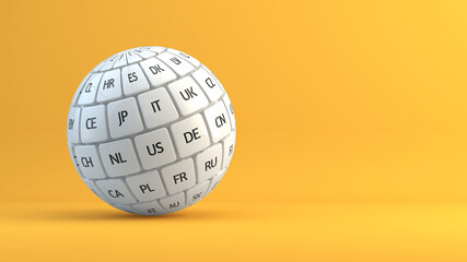 Sphere of cubes with countries on orange bakground. Global internet, technology, translate languages, business concept. 3d rendering - obrazy, fototapety, plakaty