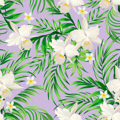 Fototapeta na wymiar Tropical vector seamless background. Jungle pattern with exotic flowers and palm leaves. Stock vector. Summer vector vintage wallpaper.
