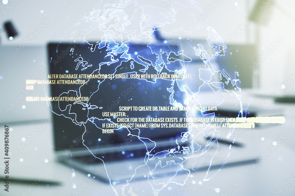 Poster multi exposure of abstract creative coding sketch with world map on modern laptop background, artifi