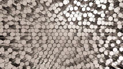 Grey hexagonal abstract background. Geometric simple objects. Hexagonal columns. 3d rendering. Sci-fi illustration. High resolution.