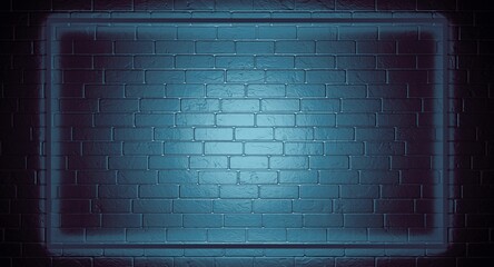 Rectangle frame on a brick wall. Template frame sign. Monochrome colors. Dark brick wall background. 3d illustration.