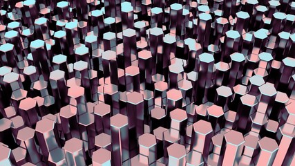 Chrome hexagonal abstract background. Geometric simple objects. Hexagonal columns. 3d rendering. Sci-fi illustration. High resolution.