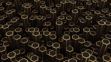 Black hexagonal abstract background. Geometric simple objects. Hexagonal columns. 3d rendering. Sci-fi illustration. High resolution.