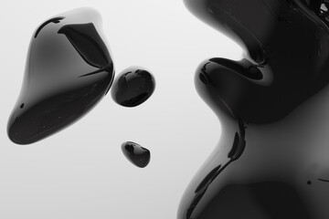 Abstract black liquid drops splashing on a white background - illustration, computer generated 3D rendered image