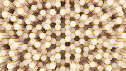 White hexagonal abstract background. Geometric simple objects. Hexagonal columns. 3d rendering. Sci-fi illustration. High resolution.