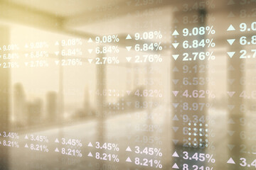 Multi exposure of abstract statistics data hologram interface on abstract empty interior background, computing and analytics concept