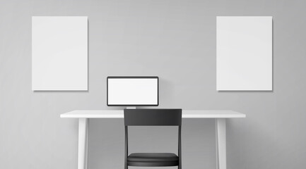 Room interior, workplace with desk, seat and computer on table. Empty office or home inner design monochrome colors, picture frames or posters mockup hanging on wall, Realistic 3d vector illustration