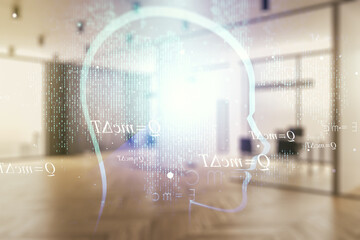 Abstract virtual artificial Intelligence interface with human head hologram on a modern furnished office background. Multiexposure