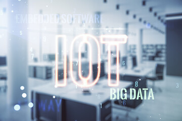 Abstract virtual IOT hologram on a modern furnished office background. Multiexposure