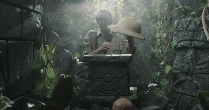 Sad explorer in the jungle with headache