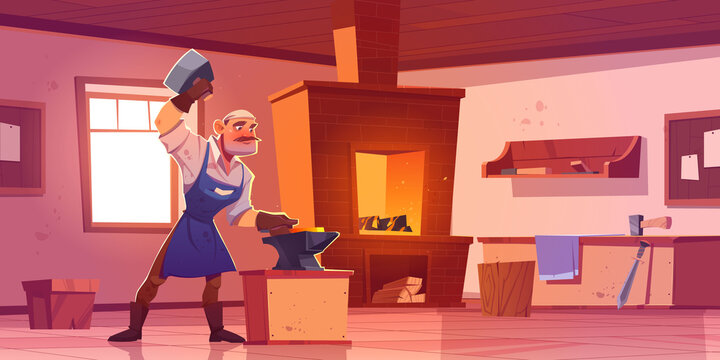 Blacksmith works with hammer and anvil in forge. Vector cartoon interior of smithy workshop with brick furnace with fire, shelves with tools and metallurgy equipment