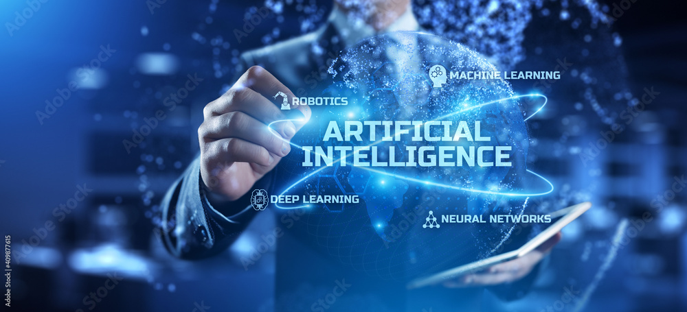 Poster ai artificial intelligence deep machine learning. smart technology, innovation, automation concept.