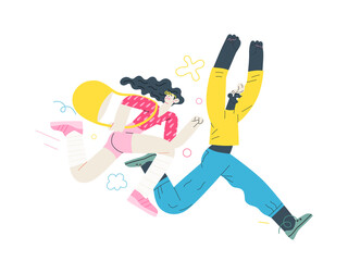 Fototapeta premium Discounts, sale, promotion - modern flat vector concept illustration of a woman and a man running in the pursuit of the discounts, with a big percent sign on the background