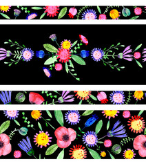Hand drawn watercolor flowers. Red, blue and yellow daisy, flower bud, pink cornflower and leaves. Four stripe seamless borders on black background for romantic card or decoration