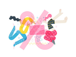 Discounts, sale, promotion voucher - modern flat vector concept illustration of people dancing with a gift or discount card