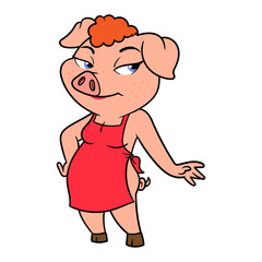 Cartoon Sexy Female Pig Wearing Apron Character Illustration