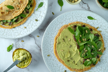 Lentil pancake with herbs, mushrooms and broccoli pate