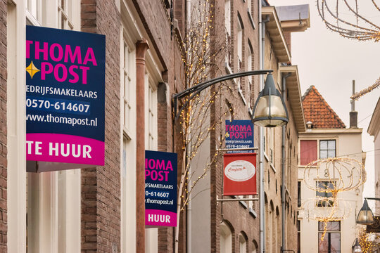 Empty stores with Dutch for rent signs in the historic city center of Deventer, The Netherlands on January 14, 2021