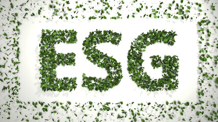 abstract 3D leaves forming ESG text symbol on white background, creative eco environment investment fund, 2021 future green energy innovation business trend