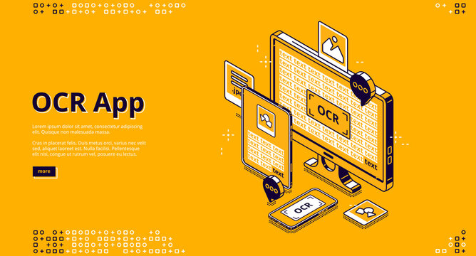 OCR app banner. Optical character recognition online service for scan and digitalisation text from paper document and image. Vector landing page with isometric smartphone, tablet and computer