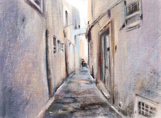 Tunisia. A city street with old houses. Oil painting