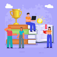 Self education, read book in library. Group of students stand near big stack of books. Modern vector illustration