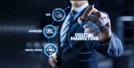 DIgital marketing online internet SEO SEM SMM. Businessman pressing button on screen.
